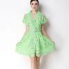 Elegant Lace Embroidery Hollow-out Mini Dress for Women Lapel High Waist A-Line Short Sleeve Single Belt Short Dress Summer