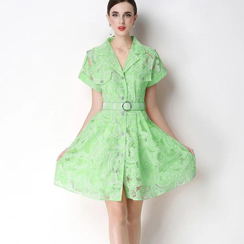 Elegant Lace Embroidery Hollow-out Mini Dress for Women Lapel High Waist A-Line Short Sleeve Single Belt Short Dress Summer