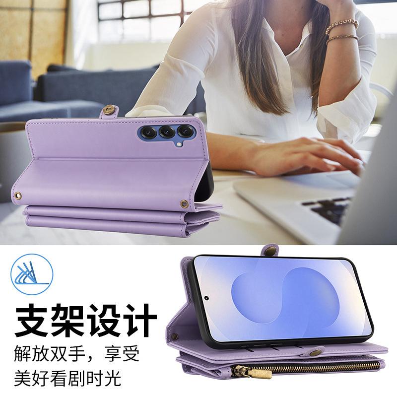 Für Samsung Galaxy S25 Handyhalter Schutzhülle Klapp-Reißverschluss-Handyhülle Brieftasche Lederhülle