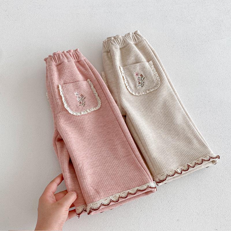 Pantaloni in Pizzo Stile Coreano con Ricami e Fodera in Velluto per Ragazze - Eleganti Gamba Dritta - Inverno 2025