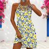 Women Plus Size Yellow Blue Floral Printed Criss Cross Cutout Neck Sleeveless Fitted Curved Hem Dress