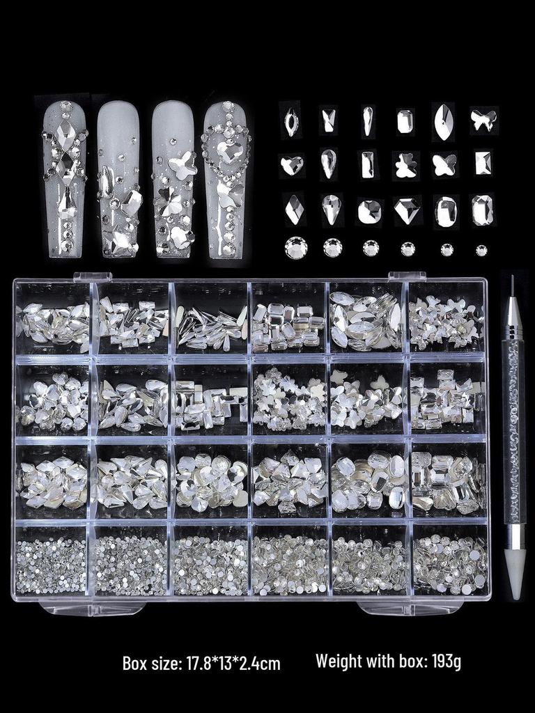Iridescent Nail Art Rhinestone Set: 24 Grids of Mixed Super Sparkle Flat-Back Rhinestones in Special Shapes with Box Packaging.