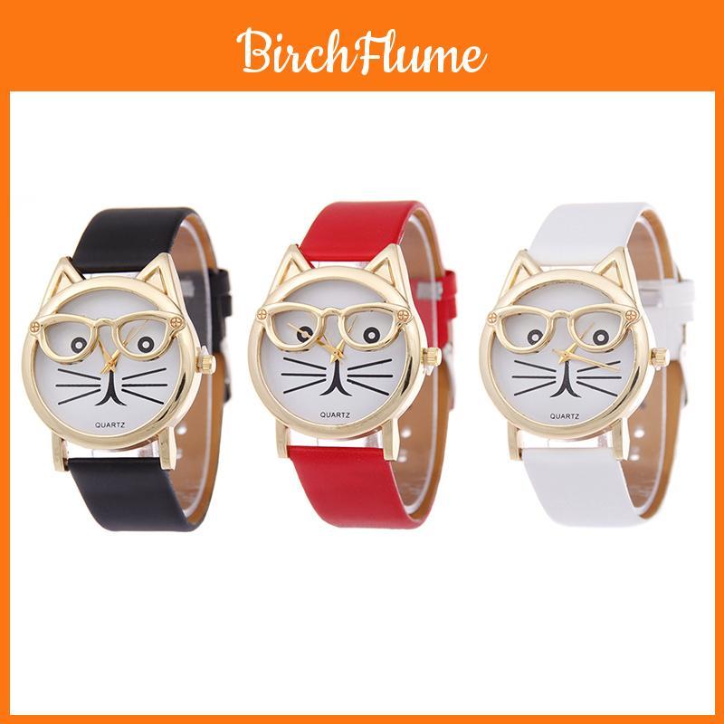 Adorabile Orologio da Donna al Quarzo con Faccina di Gatto e Cinturino in Pelle Design Cartone Animato