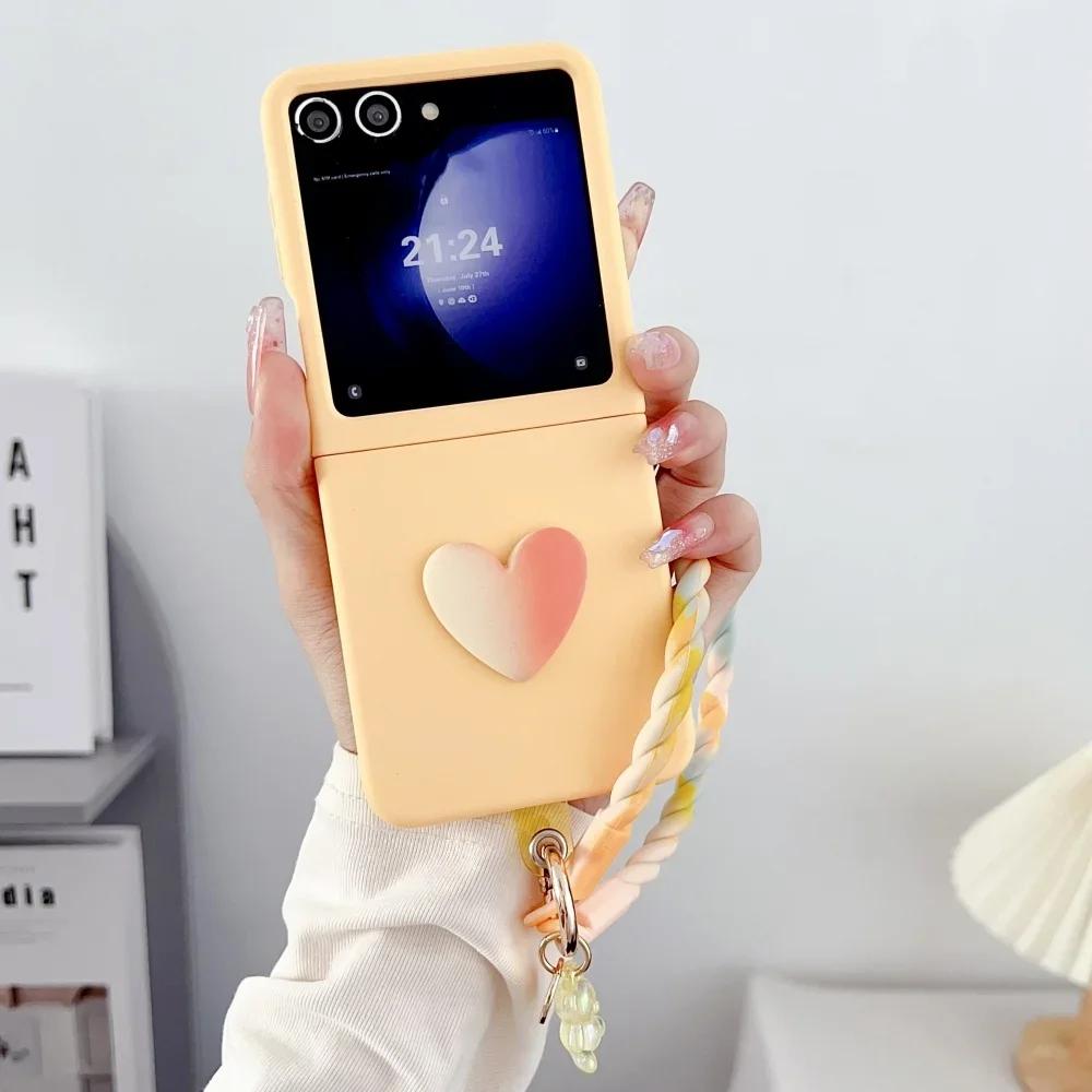 Luxury Candy Color 3D Love Heart Matte Phone Case for Samsung Z Flip 7 6 5 Gradient Bear Wristband Lanyard Shockproof protect Cover Samsung Flip7