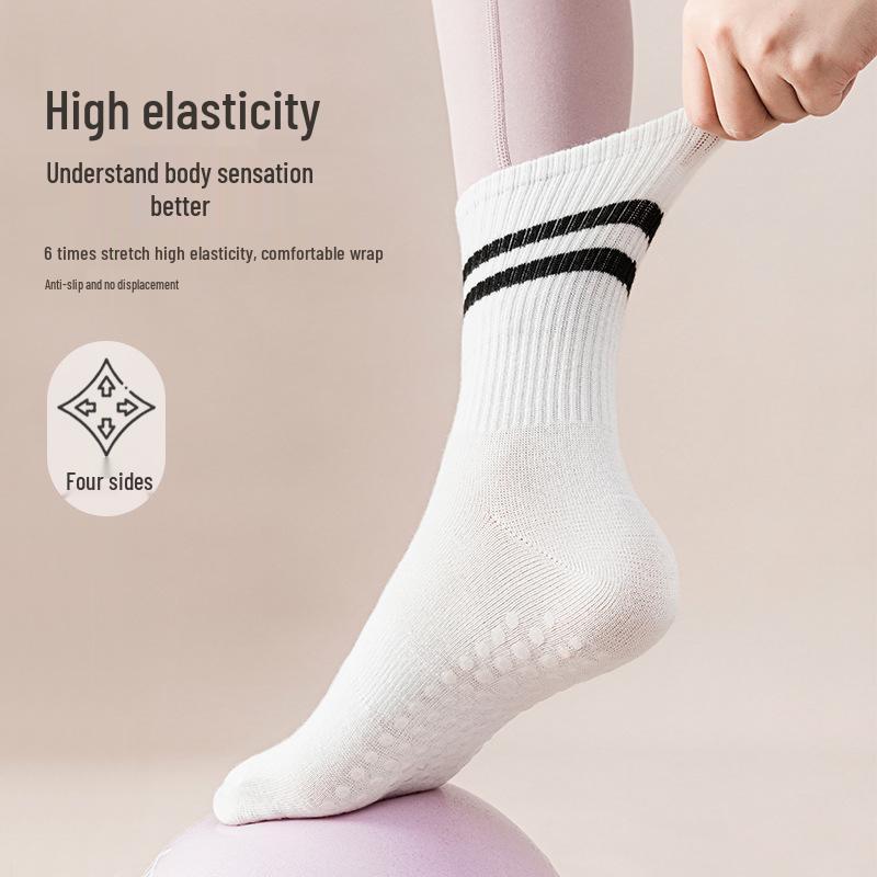 Women's Non-Slip Yoga & Pilates Mid-Calf Socks - Double Stripe Cotton for Autumn & Winter