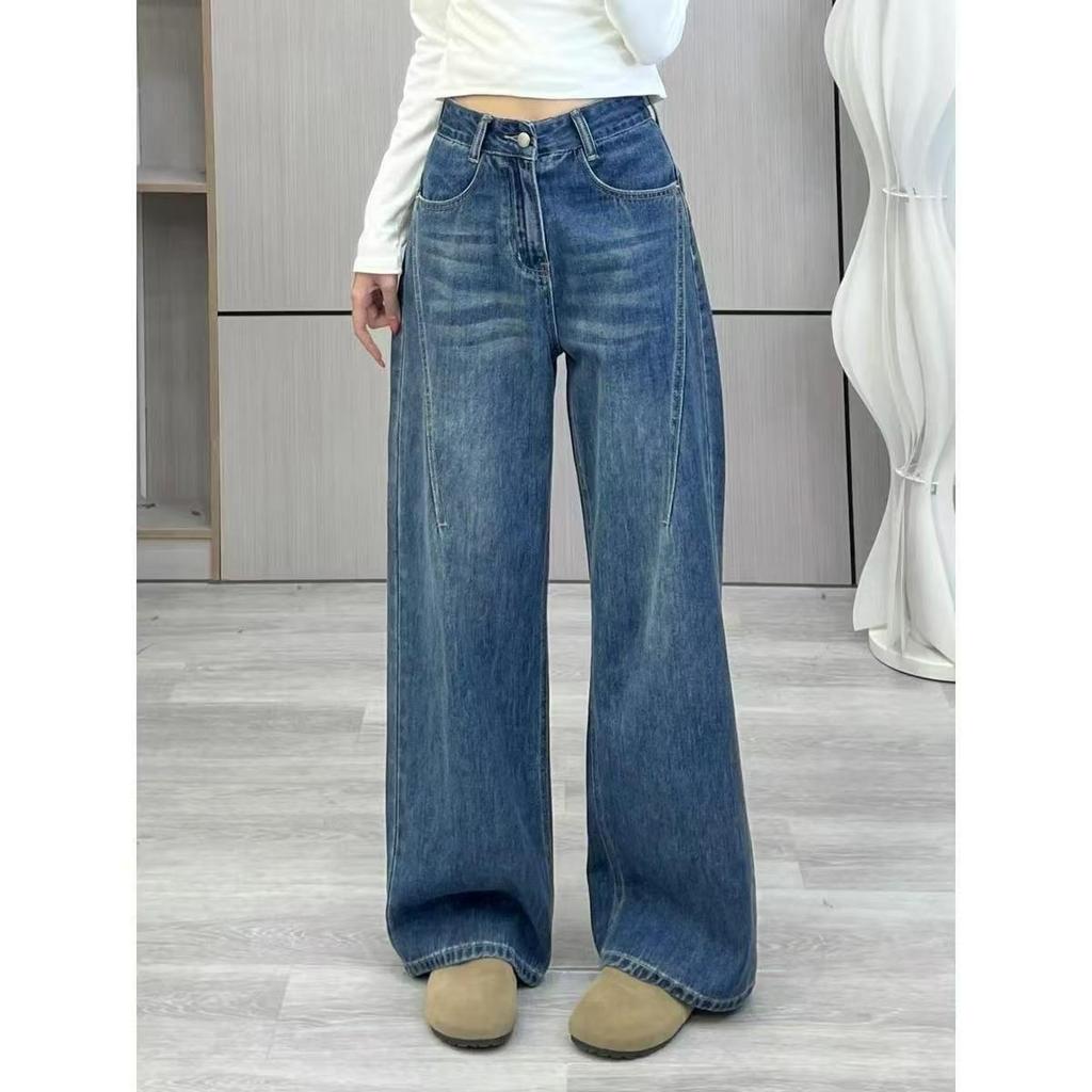 2026 Spring/Autumn Blue High Waist Slim Fit Wide Leg Jeans for Plus Size Pear-Shaped Women