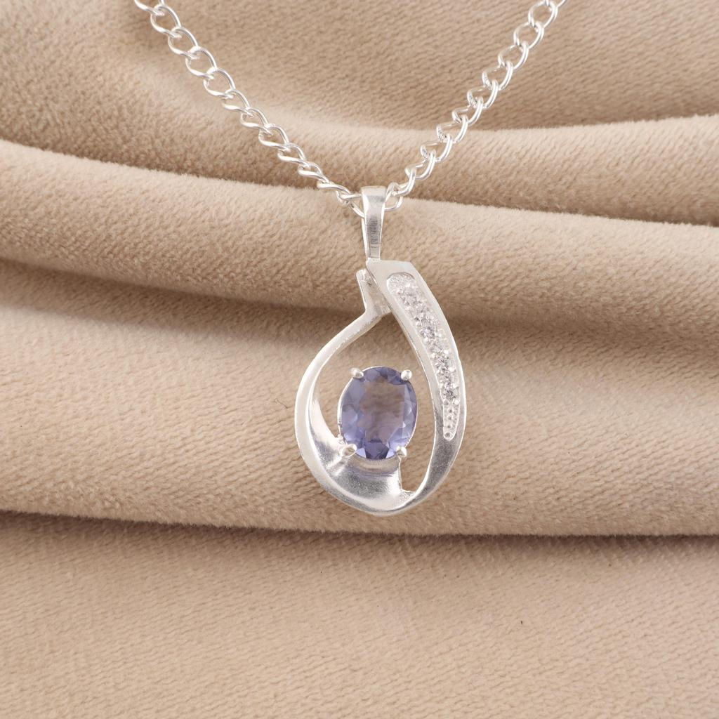 Iolite Gemstone 925 Sterling Silver Women Jewelry Partywear Necklace Pendant 1.4" Birthday Gift For Wife/Her CZP-16-14
