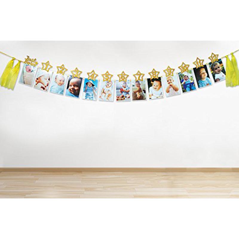 First Birthday Glitter Star Banner with Clips and Flowers for One-Year-Old Photo Party
