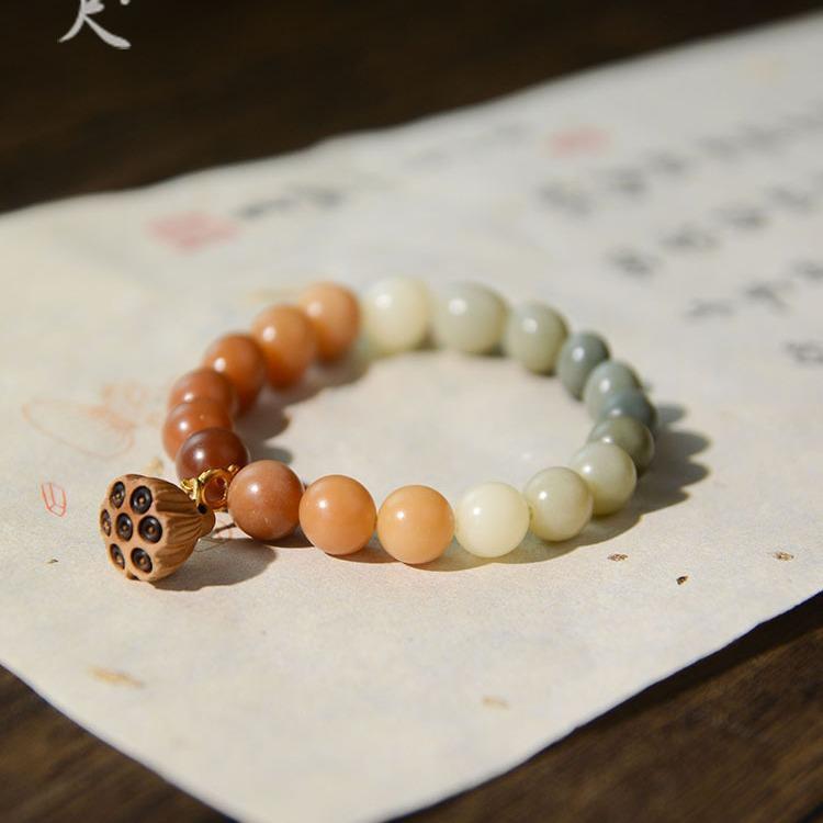 Youlian Natürliches Bodhi-Wurzel-Armband für Männer und Frauen mit Pfirsichholz-Lotus-Anhänger, Farbverlauf Einzelkreis Buddhistische Perlenarmband