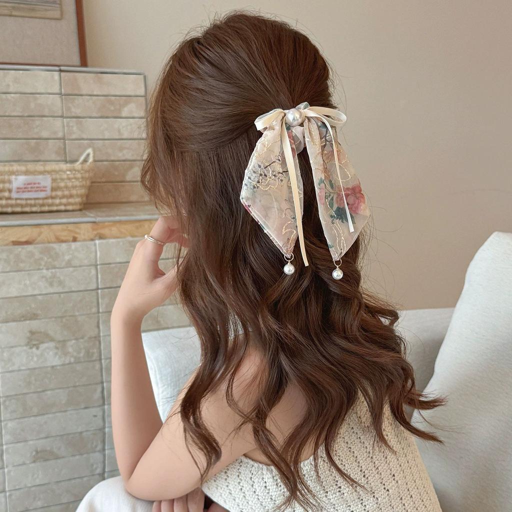 Chinese embroidery floral bow streamer hair band female Korean version pearl tie headrope large intestine hair band