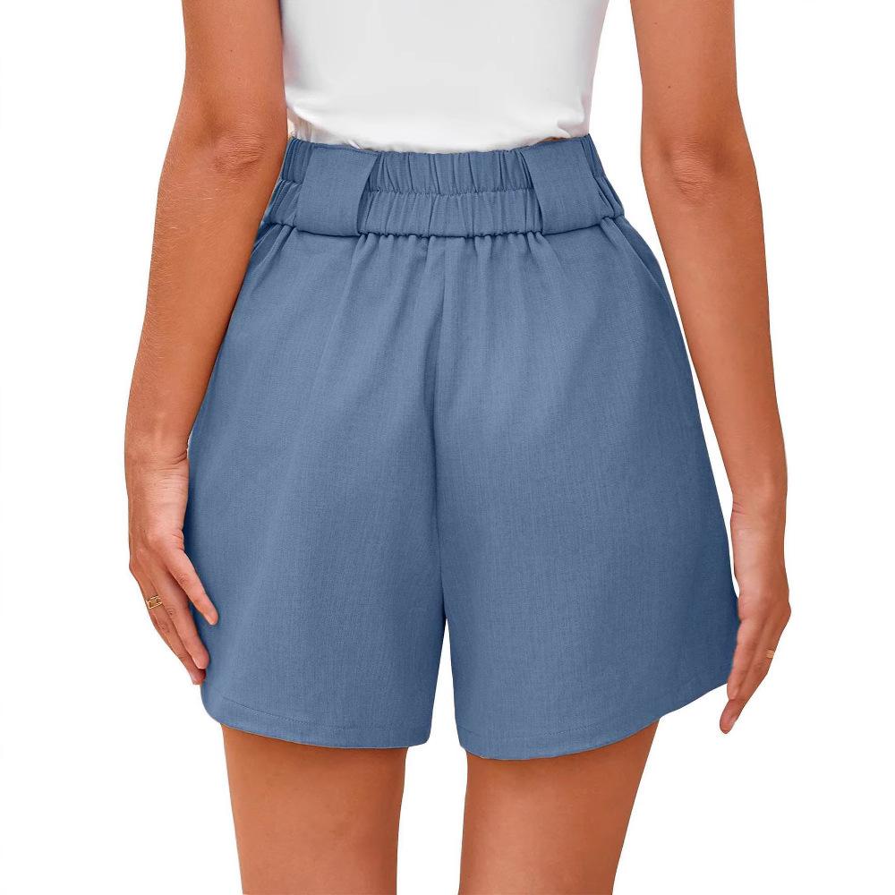 Damen Rosa Hohe Taille Doppelknopf Falten Weiter Bein Shorts