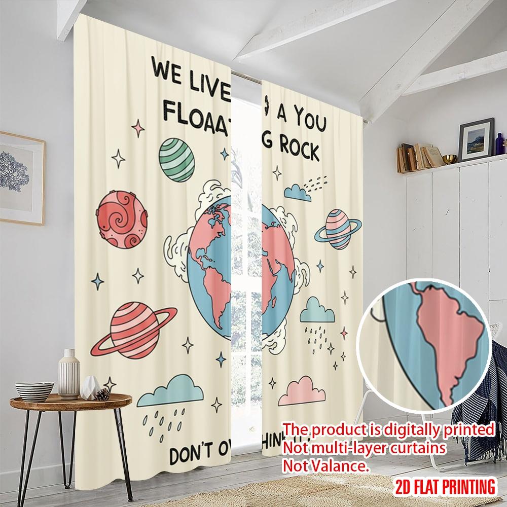 2pcs 2D Flat Printing Window Curtains Floating Rock Space Art 100% Polyester Without Electricity Holiday Decorations Perfect for