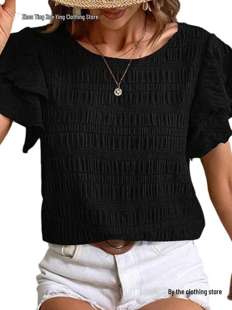 Women's Summer Double-layer Ruffled Sleeve Round Neck Pullover T-shirt