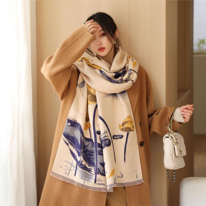Elegant Lotus Shawl Women's Autumn and Winter New Imitation Cashmere Jacquard Scarf Fashionable and Elegant Warm Thickened Scarf