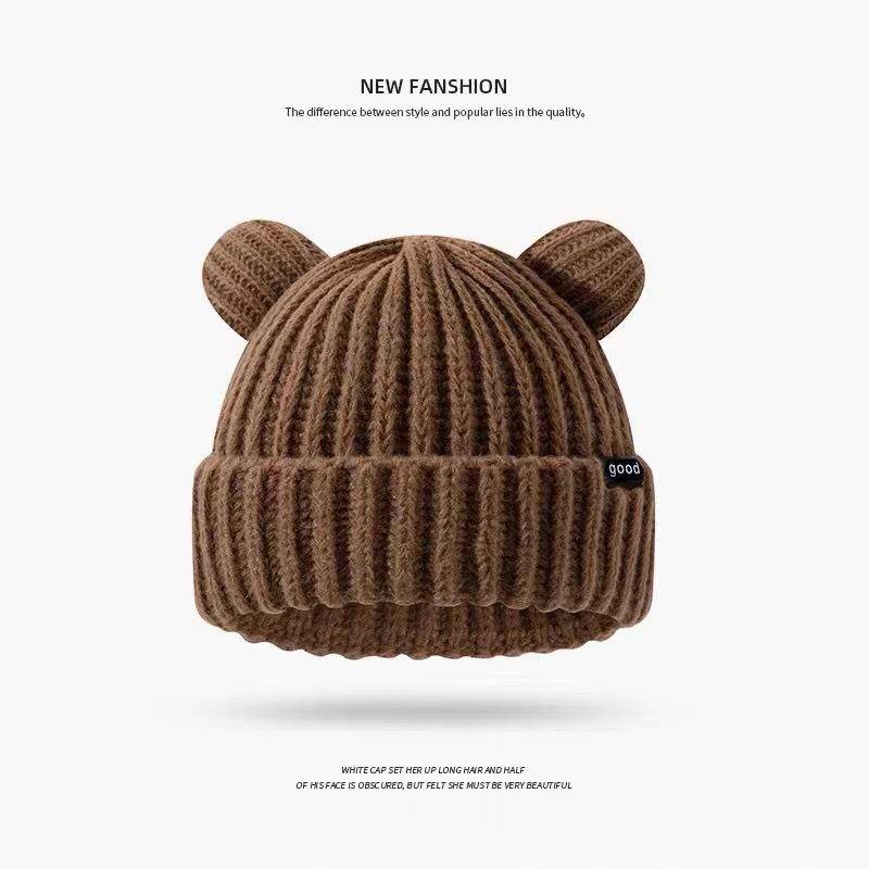 

Japanese cute bear ears wool hat big head circumference shows face little girl winter thickened warm versatile knitted hat tide Elastic