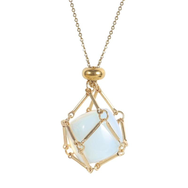 Handcrafted Square Crystal Pendant Necklace With Flexible Bamboo Link Chain And Secure Mesh Cage Setting For Elegant Occasions