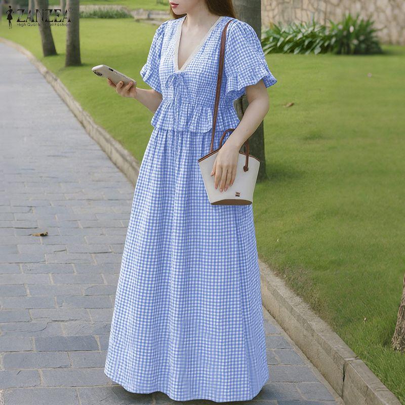 ZANZEA Women Short Sleeve Blouse and Long Skirts Plaid Print Summer Two Piece Sets