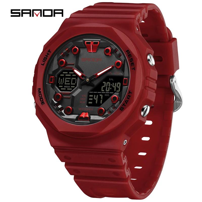 SANDA Military Men Sport Watch Stopwatch Alarm Countdown LED Light Digital Watches 50M Waterproof Dual-Display Quartz Wristwatch