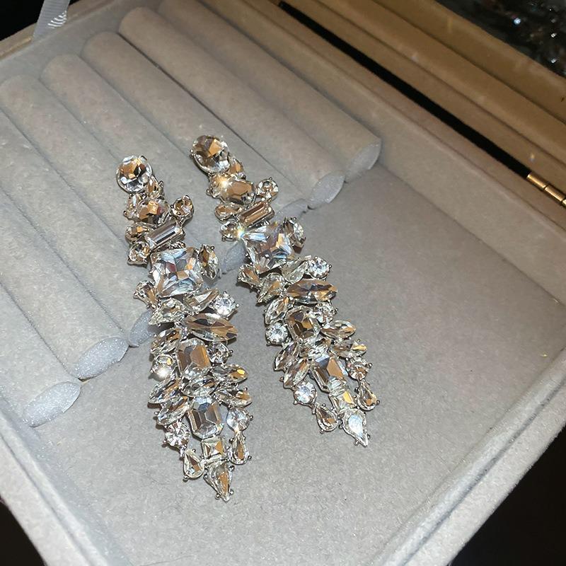 Silver Needle Diamond Flower Water Drop Tassel Earrings Exaggerated Earrings Light Luxury Premium Earrings Women