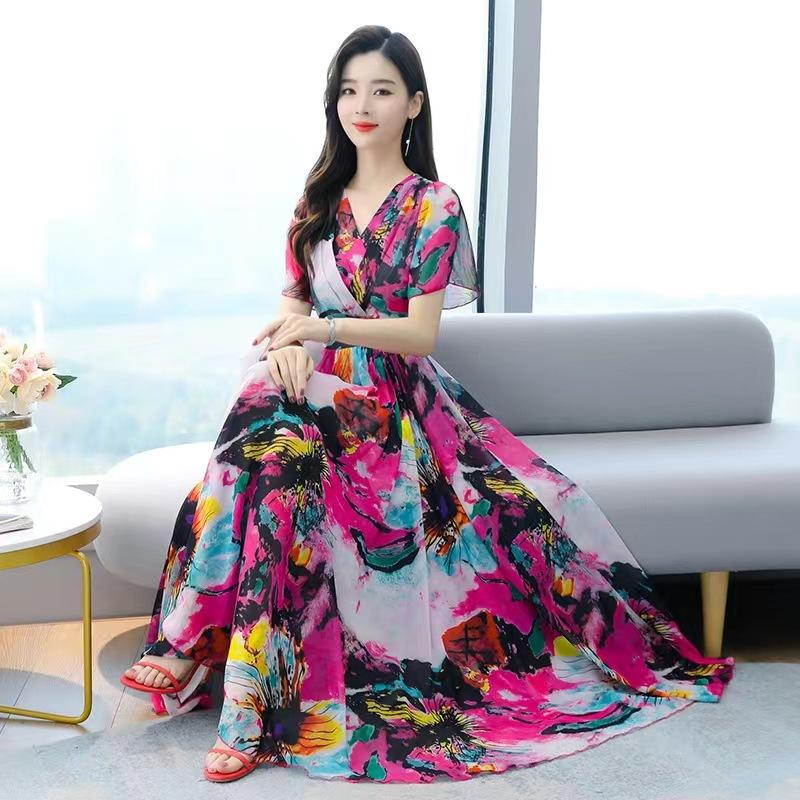 Summer New Long Dress Summer Printing Middle-aged and Elderly Young Women Medium and Long Skirt Short Sleeve Large Size Ice Silk Skirt