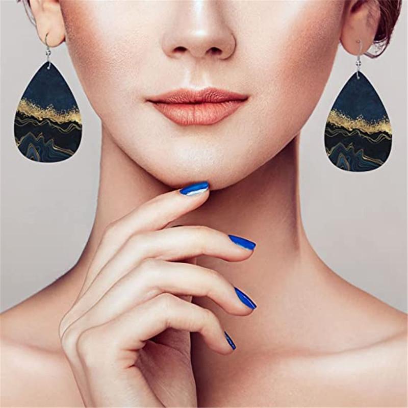 Abstract Ocean Beach Marble Pattern PU Faux Leather Earrings Women's Classic Water Drop Earrings Lightweight Fashion Earrings