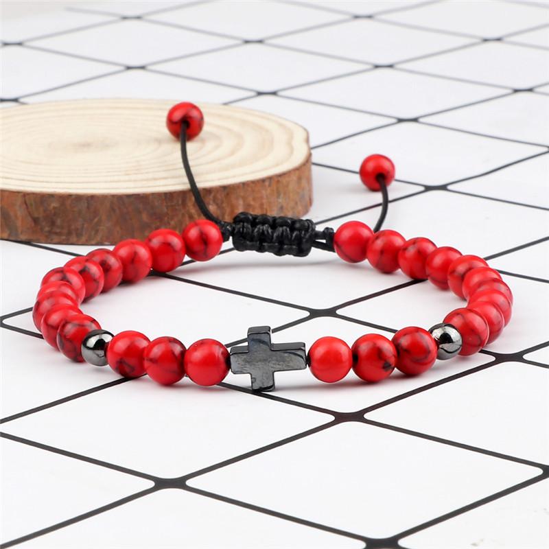 

Beaded Bracelet for Men Women 6mm Natural Lava Stone Bracelets Fashion Alloy Cross Bangles Adjustable Braided Rope Jewelry