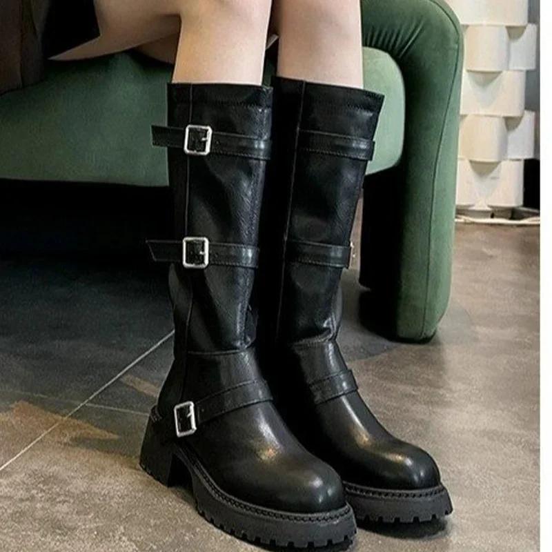 

Платформа Женские Высокие Сапоги Дизайнер Ретро Средний Каблук Мотоциклетные Сапоги Зимние Массивные Туфли Тренд Гладиатор Chaussures Femme 40