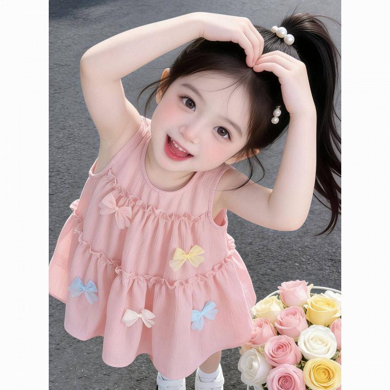 Girls Summer Bow Cake Dress Sleeveless Princess Party Gown For Kids 80