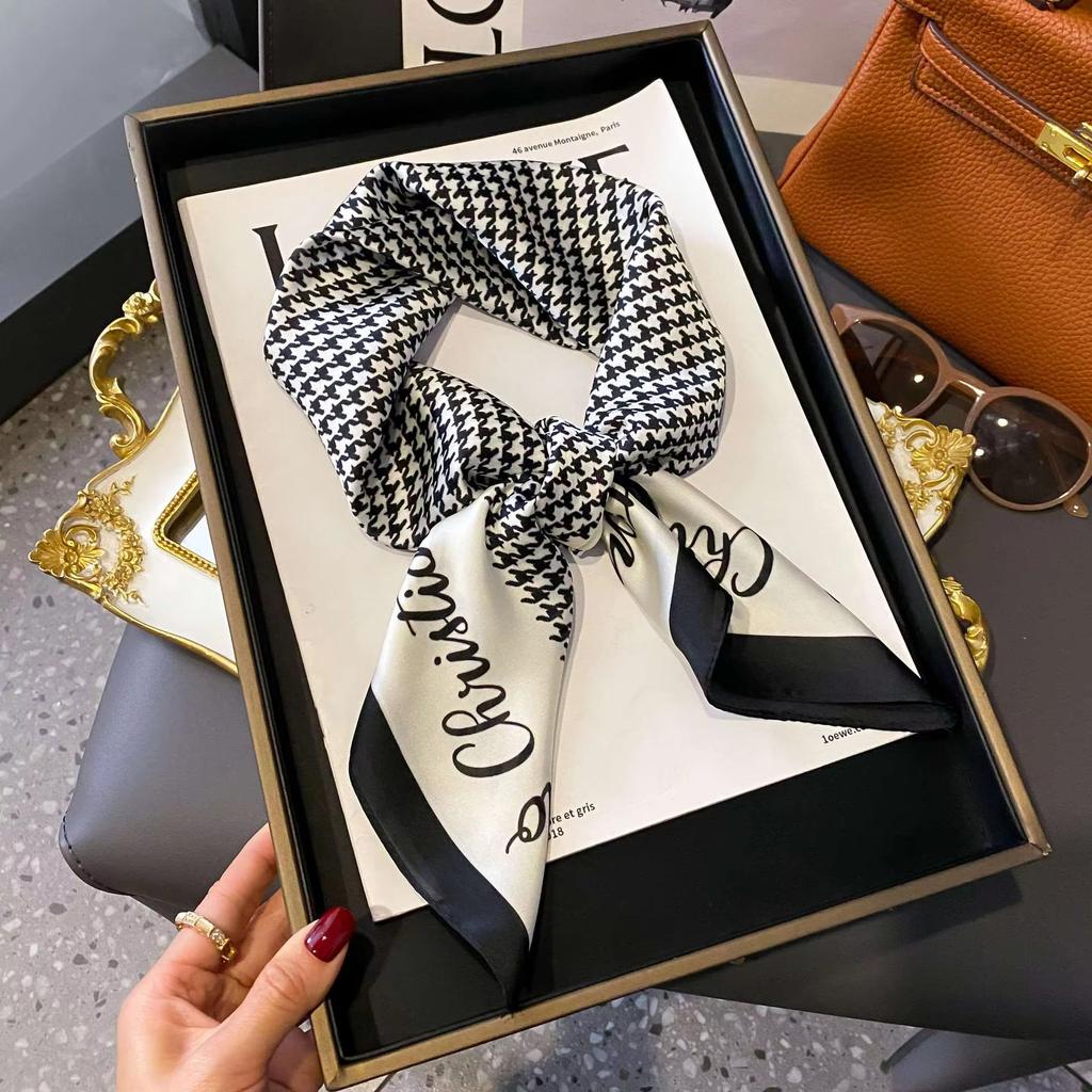 Houndstooth Letter Print Scarf Faux Silk Shawl Bandana Simple Chic Decorative Wrap Fashion Accessory For Women Square Scarves