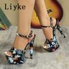 Fashion Liyke Markendesign Blumenmuster Leder Plateau Sandalen Damen Sexy Peeptoe 13CM Super High Heels Stiletto Party Bankettschuhe