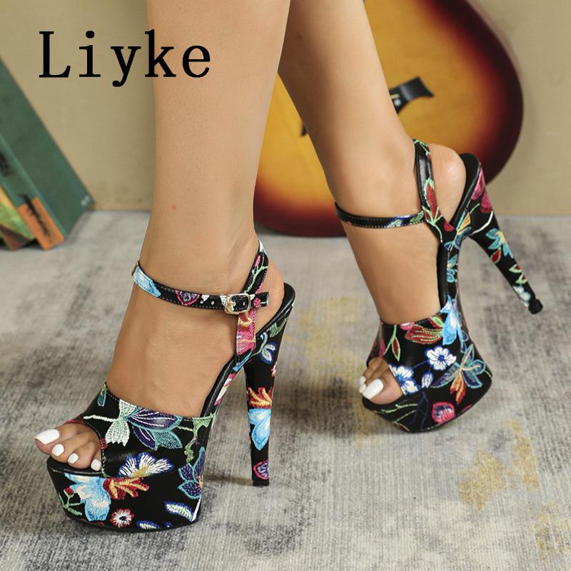 Fashion Liyke Markendesign Blumenmuster Leder Plateau Sandalen Damen Sexy Peeptoe 13CM Super High Heels Stiletto Party Bankettschuhe