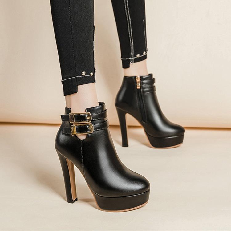 Autumn Winter Women's Ankle Boots 12.5cm Super High Heel Black Leather Boots Thick Heel Fashion Belt Buckle Platform Shoes