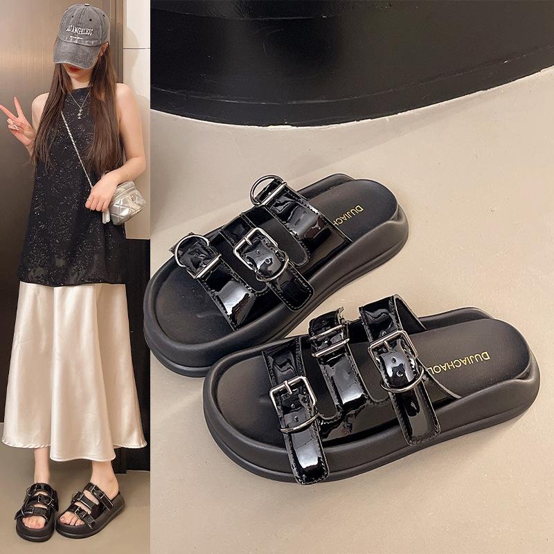 

Летние прохладные тапочки одно слово новые толстоподошвенные и средние тапочки женские 2025 пляжные повседневные с пряжкой для ремня для улицы 40 чёрный