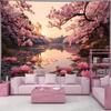 2D Pink Cherry Blossom Lake Tapestry, HD Print Lotus Flower Nature Wall Cloth for Home Studio & Party Decoration