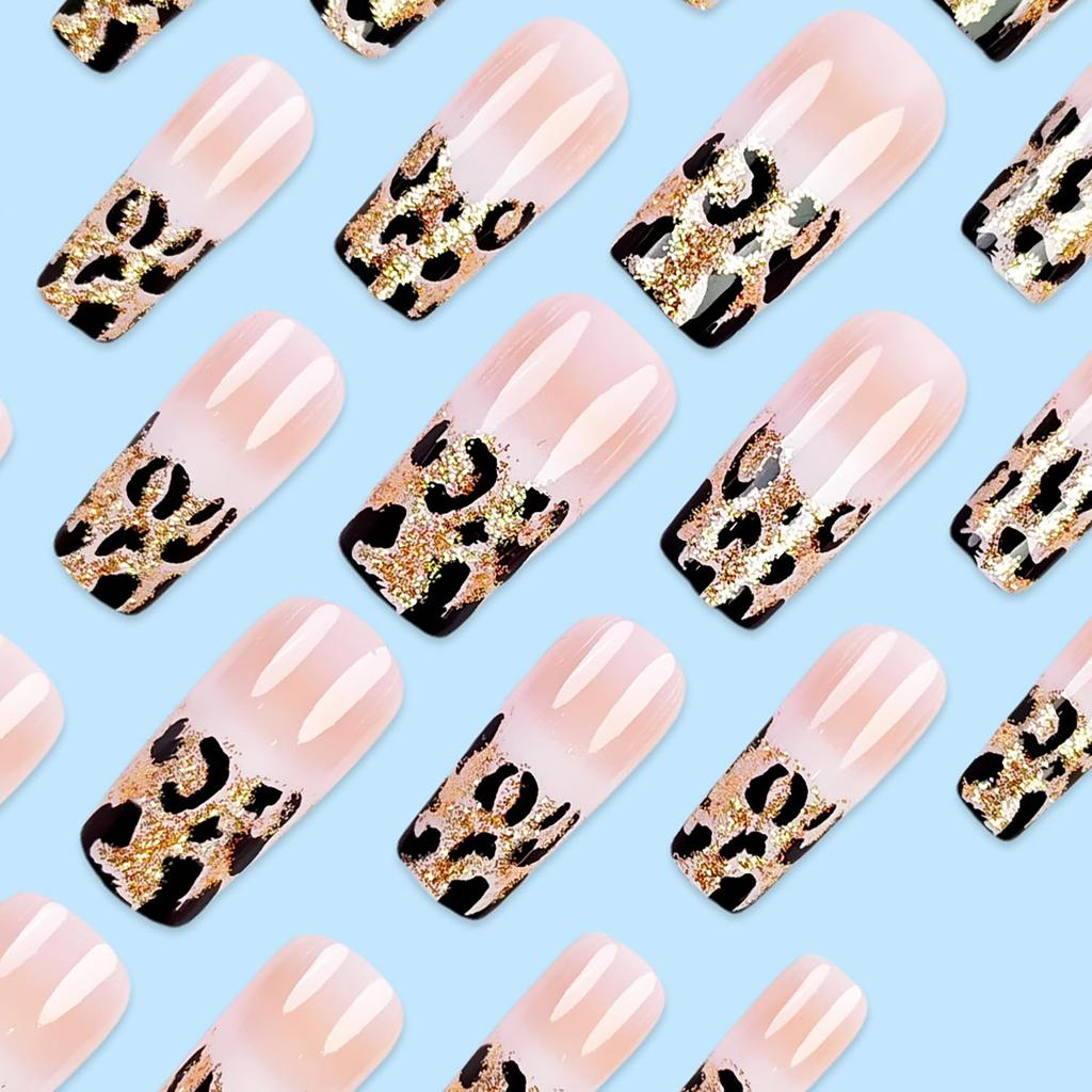Leopard French Press on Nails Medium Length Nude Pink False Nail Full Cover Artificial Stick on Nails Leopard Pattern Design Acrylic Glue on Nail for