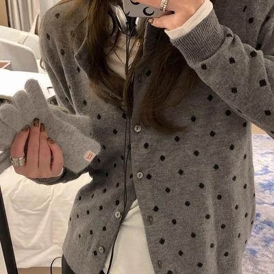 Korean Grey Polka Dot Knit Cardigan Women Autumn Layering Design Niche Slimming Long Sleeve Top