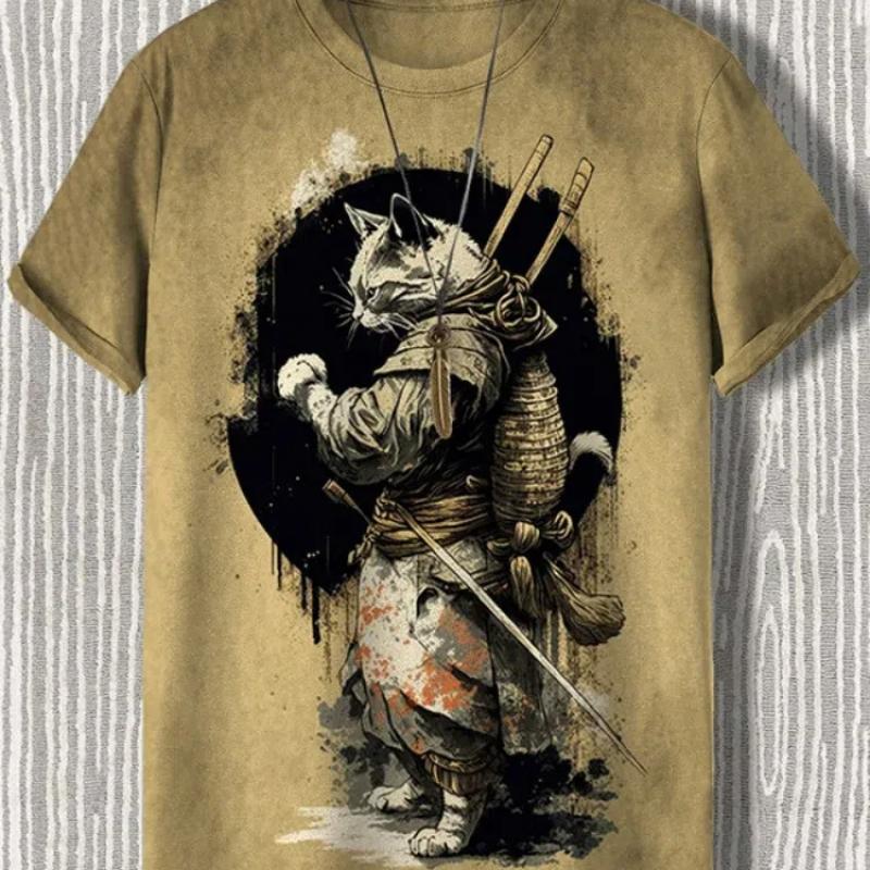 

Мужская футболка в японском стиле с изображением самурая и кота с 3D принтом, повседневная футболка с короткими рукавами, уличная негабаритная мужская одежда, топы 6XL