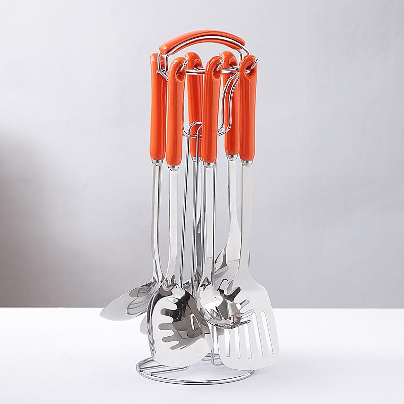 7Pcs Ceramic Handle Stainless Steel Cookware Set Soup Ladle Frying Spatula Colander Spoon Kitchen Accessories Cooking Tools