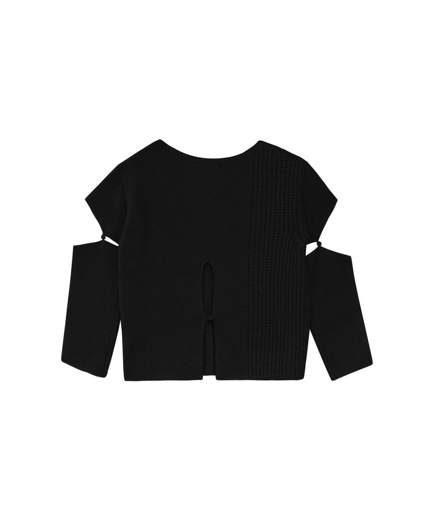 Teulimingbeodeu Sleeve Slit Boat Neck Knit [ Black ]