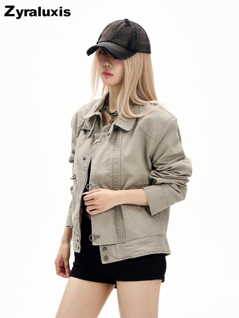 Vintage Distressed Flight Jacket with Button-Down Collar for Women, Autumn Winter New Style Slouchy High-End Couple Workwear Coat Trendy