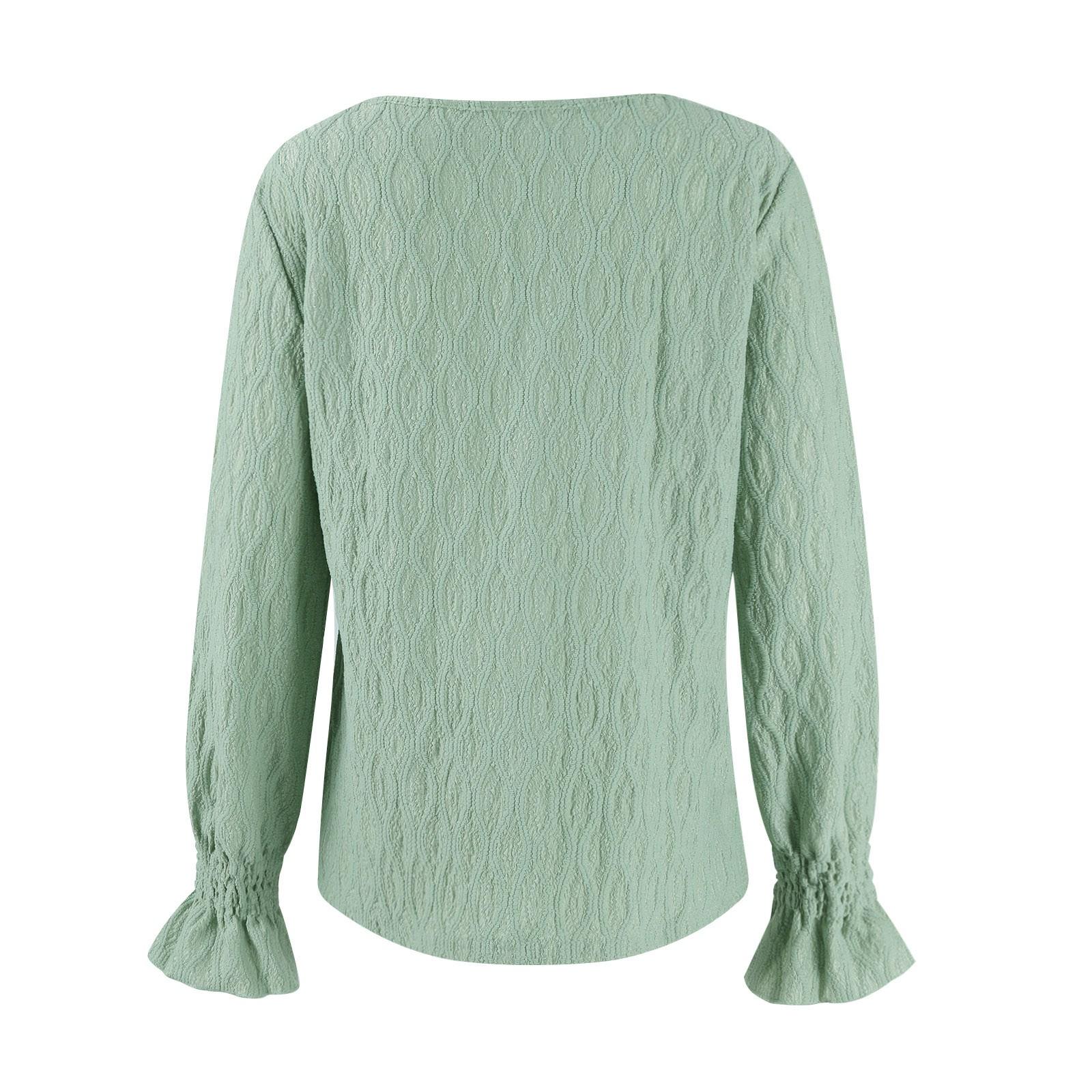 Женская модная однотонная футболка с V-образным вырезом и длинным рукавом на осень — фото 4