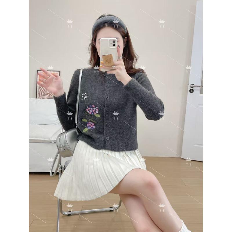 Autumn and Winter New Round Neck Embroidered Single-breasted Retro Simple and Versatile Loose and Thin Knitted Cardigan Women's Sweater Jacket