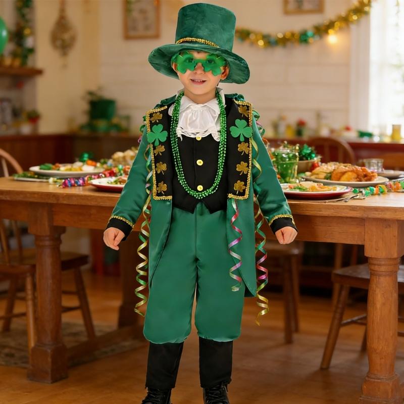 Irish Lucky Shamrock Kids Show Costume Set With Hat Vest Scarf And Pants Cosplay Outfit For Patrick Day Dance
