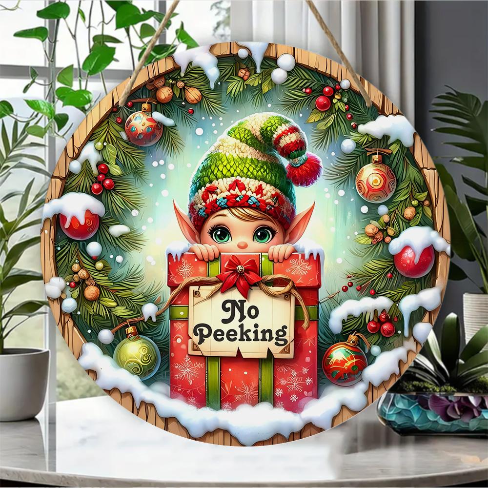 Christmas elf no peeking design Round Wooden Hanging Plaque festive pine wreath wall sign farmhouse indoor outdoor holiday party decor