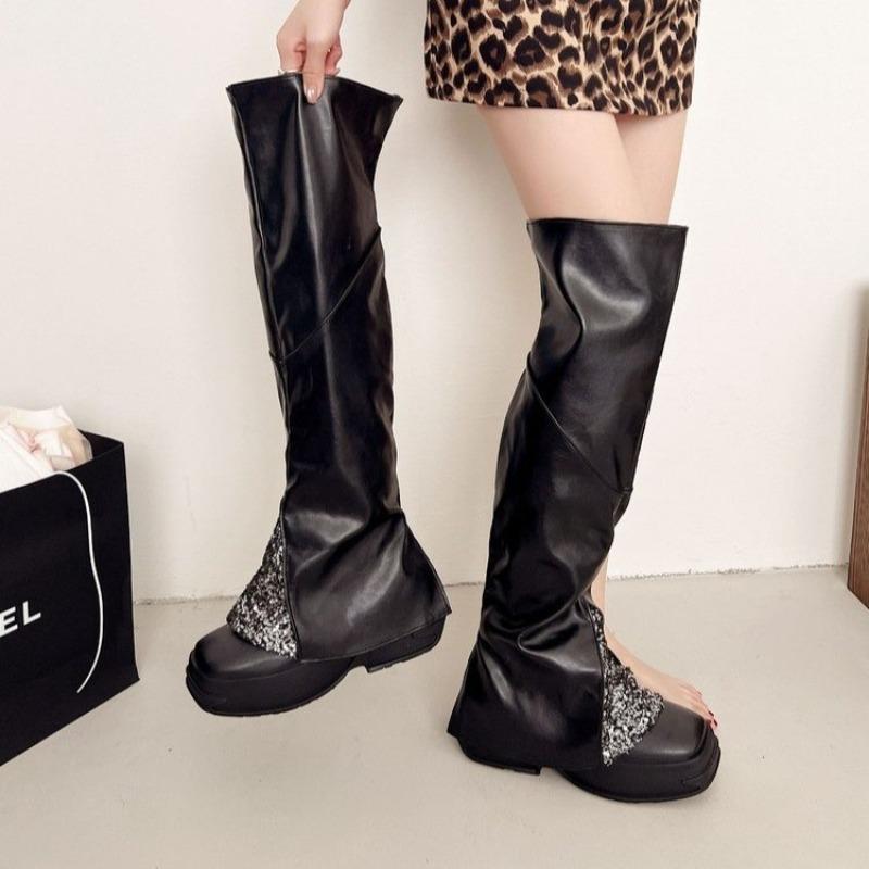 Fashion 2025 Women Fashion Boots Square Heels Shoes Woman High Heel Platform Leather Boots Lace Up Women Sequin Decoration Shoes Boots