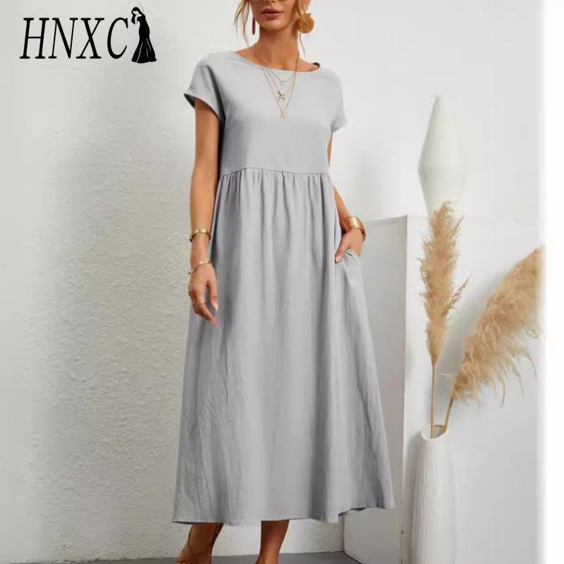 HNXC Women's Fashion Summer Spring Solid Color Print O-Neck High Waist Casual Dresses
