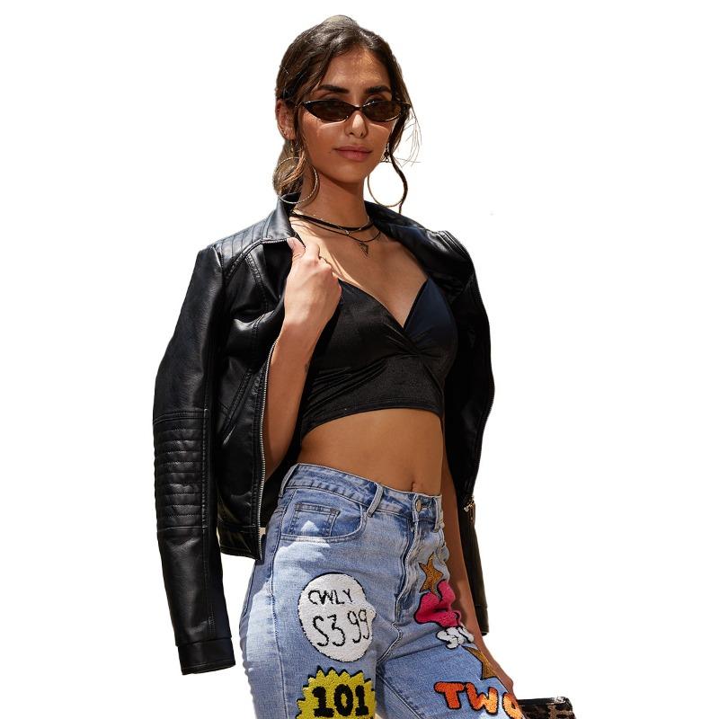 Women's Spring and Autumn Hooded Leather Jacket Women's Removable Hat Windproof Jacket Short Casual Jacket