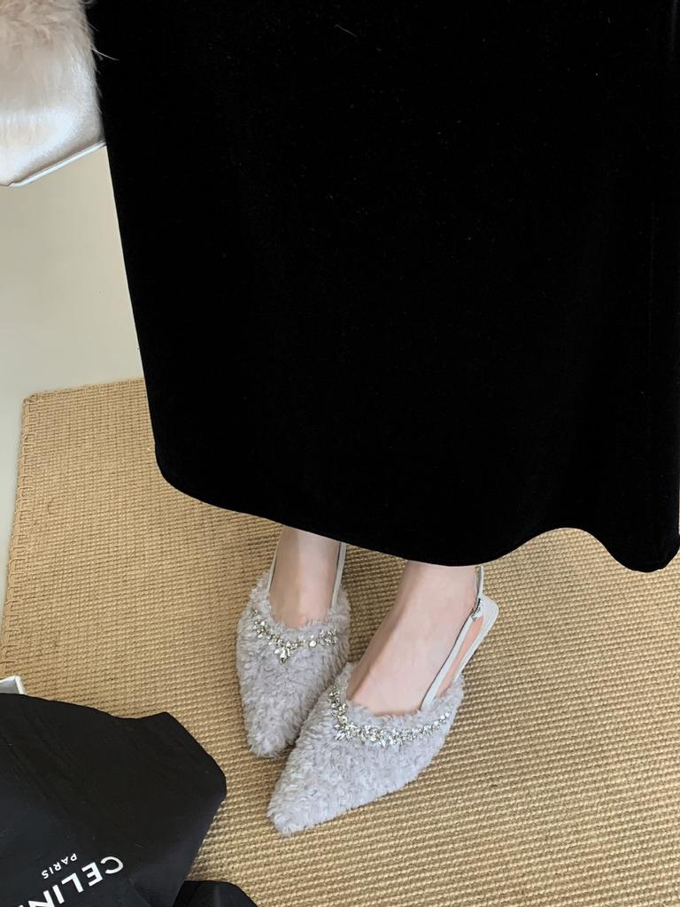 2025 autumn and winter new pointed-toed thin-heeled rhinestone sandals European and American fashion sweet bag head high-heeled fluffy shoes