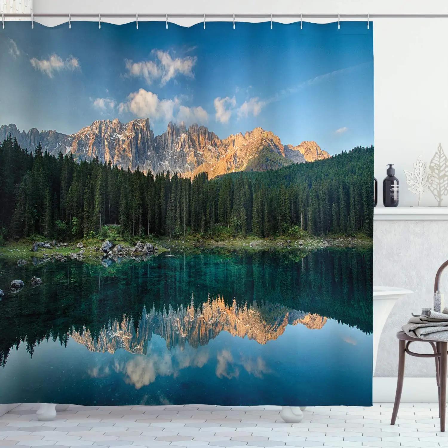 

Mountains Landscape Shower Curtain Fall Flowers Trees Forest Sunset Scenery Waterproof Fabric Screen Bathroom Decor With Hooks W60H190(CM)-1 Pcs