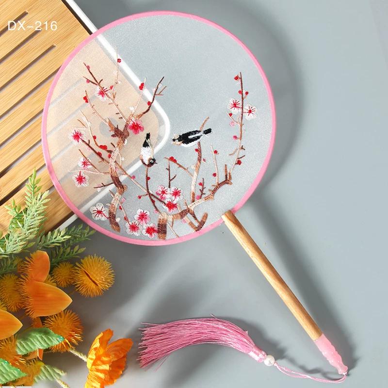 Antique Embroidery Circular Fan Chinese Style Cheongsam Fan Women's Double-Sided Embroidered Transparent round Long Handle Ancient Chinese Clothing